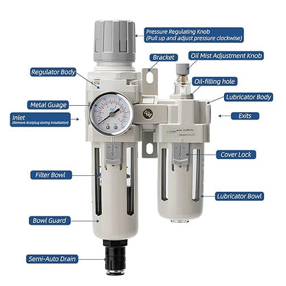 1/2" Auto-Drain FRL Assembly - Professional Grade Compressed Air Conditioner with Cyclonic Separation | 0-150 PSI Operating Range | CNC-Machined Body