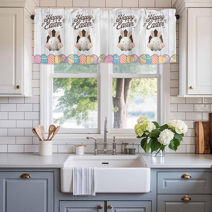 Grey Easter Curtain Valances for Windows, Kitchen Valance Window Treatment, Spring Cartoon Bunny Colorful Eggs Wood Grain Light Filtering Block Curtains for Bathroom/Bedroom/Living Room 54'' x 18''
