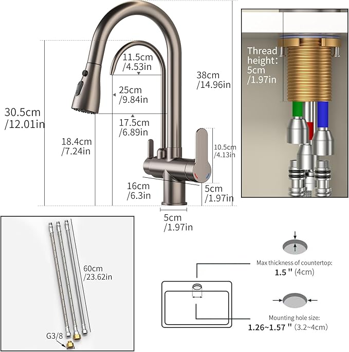 Kitchen Sink Faucet with Pull - Down Sprayer, 2 - Handle 3 - in - 1 Kitchen Sink Filter Faucet, Cold and Hot Mixer Drinking Water Faucet (3-in-1 Filter Faucet, Grey)