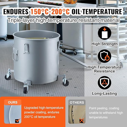 VEVOR 10 Gallon Fryer Grease Bucket, Oil Disposal Bucket Caddy on Wheels, Rust-proof Coated Carbon Steel Fryer Oil Transport Container with Filter Bag, Lid & Lock Clips for Cooking Oil Filtering