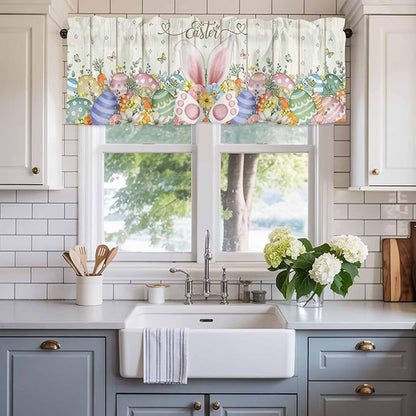 Happy Easter Curtain Valances for Windows, Kitchen Valance Window Treatment, Spring Colorful Eggs Rabbit Ear Feet Flowers Light Filtering Block Curtains for Bathroom/Bedroom/Living Room 42'' x 18''
