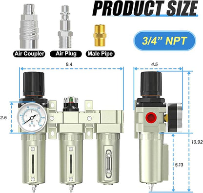 Heavy Duty Industrial Grade 3/4" NPT 3 Stage Air Drying System,Coalescing Filter, Particulate Filter, Desiccant Dryer and Air Regulator, Manual Drain, For Plasma Cutter and Paint Spray