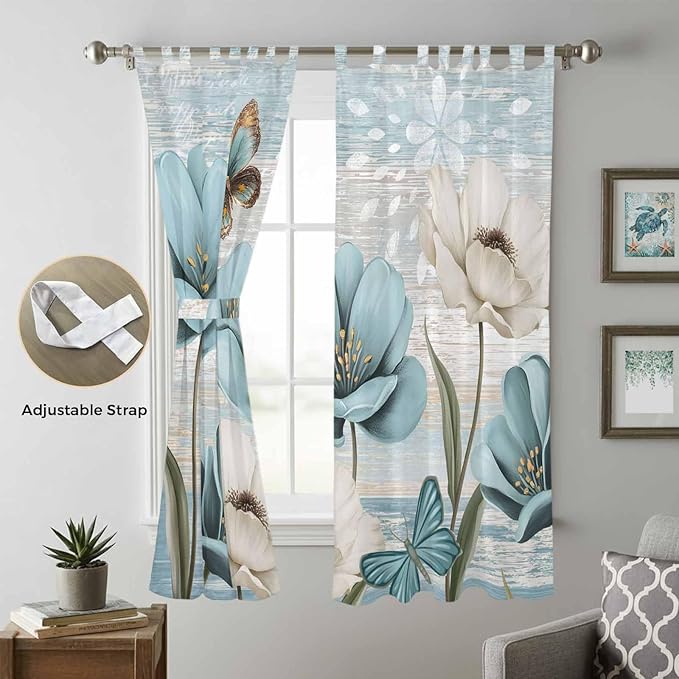 Spring Floral Living Room Curtains 84 Inch Length, Window Curtains Tab Top, Vintage Tulips Flower Butterfly Retro Wood Blue Light Filtering Window Treatments Drapes 52"x84" 2 Panel