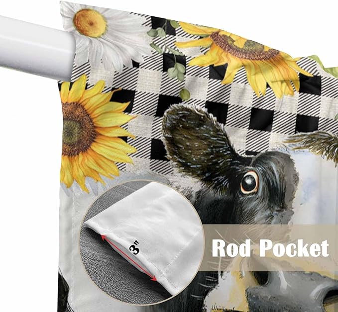 Retro Sunflowers Swag Valances for Windows, Farmhouse Floral Cow Butterfly Black Plaid Rod Pocket Kitchen Curtains Valance, Small Window Curtains Swag for Cafe Living Room, 2 Panels, 36x36 inch