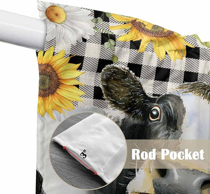 Retro Sunflowers Swag Valances for Windows, Farmhouse Floral Cow Butterfly Black Plaid Rod Pocket Kitchen Curtains Valance, Small Window Curtains Swag for Cafe Living Room, 2 Panels, 28x36 inch