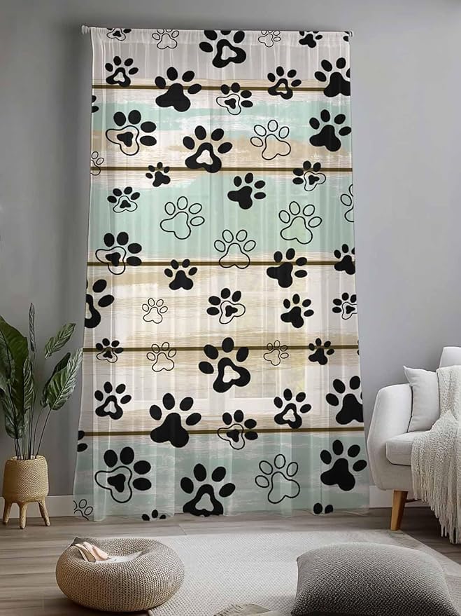 Sheer Curtains 108 Inches Long, Sage Green Beige Farmhouse Semi Sheer Curtains Light Filtering Window Treatment, Black Dog Paw Vintage Wooden Privacy Voile Drapes for Living Room Bedroom 52x108 Inch