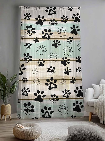 Sheer Curtains 84 Inches Long, Sage Green Beige Farmhouse Semi Sheer Curtains Light Filtering Window Treatment, Black Dog Paw Vintage Wooden Privacy Voile Drapes for Living Room Bedroom 52x84 Inch