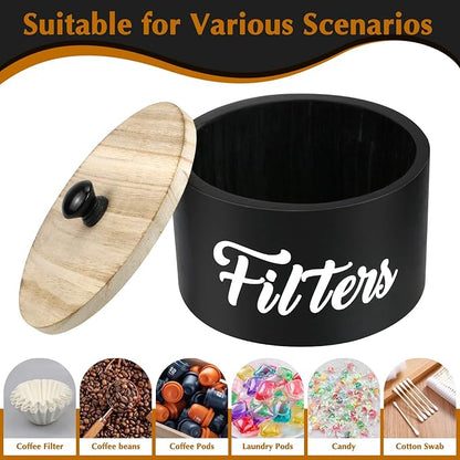 Wooden Coffee Filter Holder with Lid, Basket Coffee Filter Storage Container for Counter, Rustic Farmhouse Café Bar Decor, 50 Count Capacity (Black)