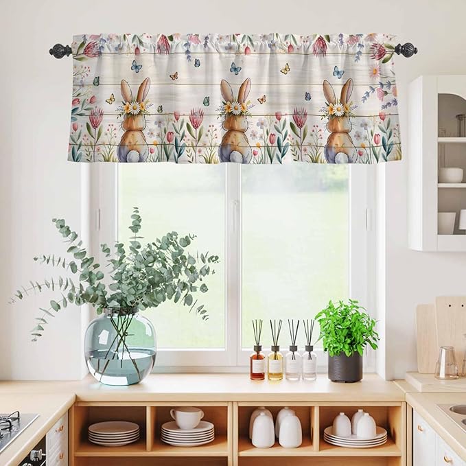 Kitchen Curtains Tiers and Valance Set of 3, Easter Light Filtering Window Curtain Set, Spring Bunny Butterfly Botanical Wooden Grain Rod Pocket Curtain Drapes for Cafe, Living Room, 24 Inches Tiers