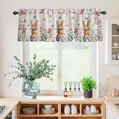 Kitchen Curtains Tiers and Valance Set of 3, Easter Light Filtering Window Curtain Set, Spring Bunny Butterfly Botanical Wooden Grain Rod Pocket Curtain Drapes for Cafe, Living Room, 24 Inches Tiers
