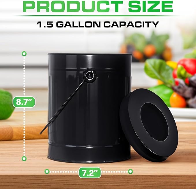 Plexon Black Metal Compost Bin with Airflow Lid and Charcoal Filter, 1.5 Gallon, Compost Pail for Kitchen Countertop