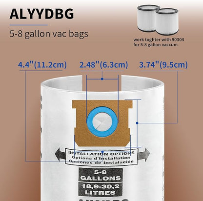 for Shop Vac Bags 5-8 Gallon, Type E 90661 9066133, Type H 90671 9067133; VF2004, VHBS VDBS High- Efficiency Disposable Vacuum Collection Filter Bags 5 Pack