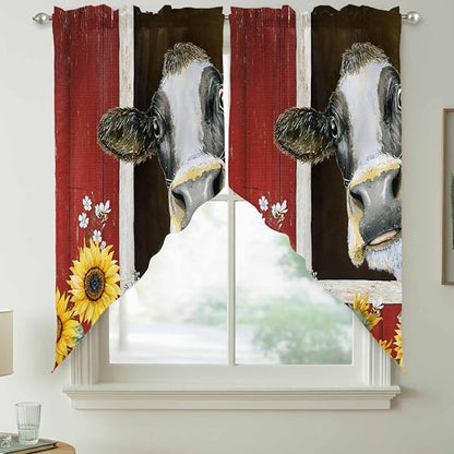 Cows Sunflowers Swag Valances for Windows, Rustic Farms Barns Flowers Bees Animals Rod Pocket Kitchen Curtains Valance, Small Window Curtains Swag for Cafe Bathroom Living Room, 2 Panels, 28x36 inch