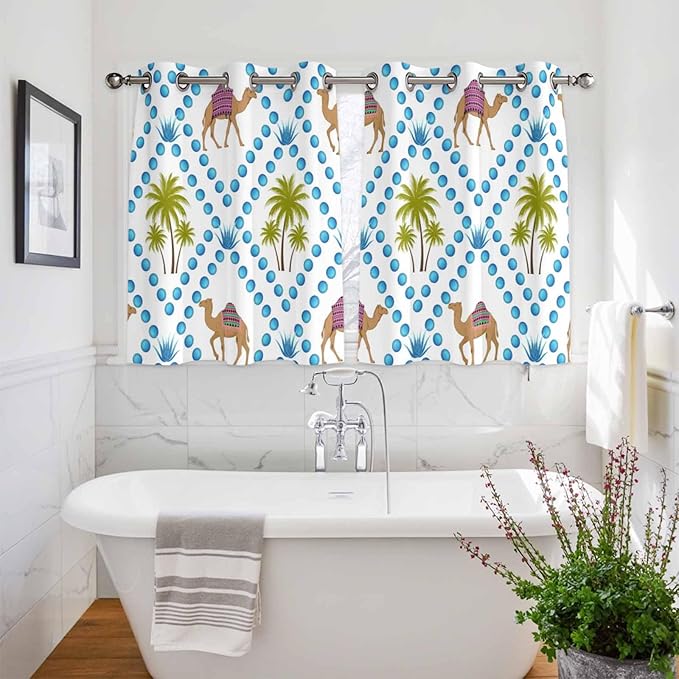 2 Panel Kitchen Cafe Curtains, Camels Palm Trees Sunlight Filtering Nature Air Through, Home Decor Window Covering Tier Curtains for Bedroom Living Room Tropical Desert Animal Plants Polka Dot