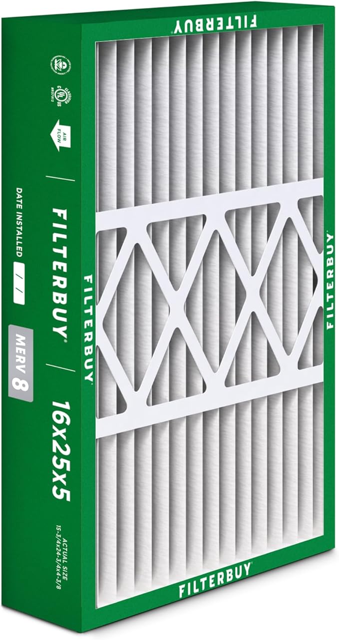 Filterbuy 16x25x5 Air Filter MERV 8 Essential Dust & Allergy Defense (4-Pack), Pleated HVAC AC Furnace Filters for Honeywell FC100A1029, Lennox X6670, and More (Actual Size: 15.75 x 24.75 x 4.38)