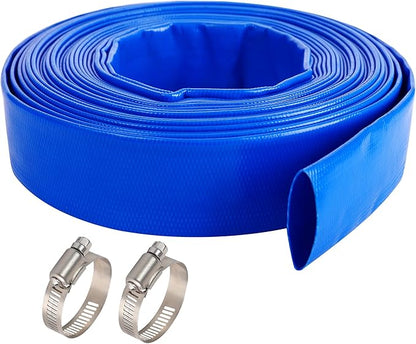 1-1/4" x 100 FT Pool Backwash Hose, Blue Heavy Duty Reinforced PVC Lay Flat Water Discharge Hose for Swimming Pool Filter Pump,with 2 Clamp