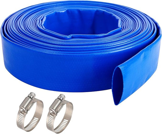 1-1/4" x 100 FT Pool Backwash Hose, Blue Heavy Duty Reinforced PVC Lay Flat Water Discharge Hose for Swimming Pool Filter Pump,with 2 Clamp