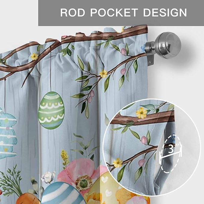 Easter Curtain Valances for Windows, Kitchen Valance Window Treatment, Spring Watercolor Bunny Eggs Flower Wood Grain Blue Light Filtering Block Curtains for Bathroom/Bedroom/Living Room 54'' x 18''