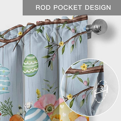 Easter Curtain Valances for Windows, Kitchen Valance Window Treatment, Spring Watercolor Bunny Eggs Flower Wood Grain Blue Light Filtering Block Curtains for Bathroom/Bedroom/Living Room 60'' x 18''