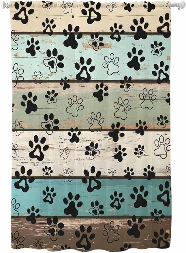 Sheer Curtains 72 Inches Long, Sage Green Brown Paw Prints Semi Sheer Curtains Light Filtering Window Treatment, Vintage Farmhouse Wooden Grain Privacy Voile Drapes for Living Room Bedroom 52x72 Inch