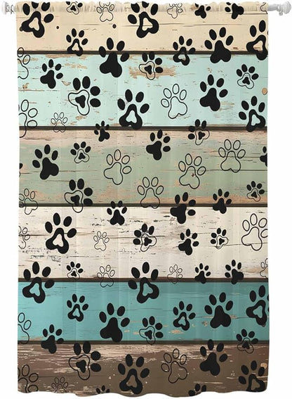 Sheer Curtains 72 Inches Long, Sage Green Brown Paw Prints Semi Sheer Curtains Light Filtering Window Treatment, Vintage Farmhouse Wooden Grain Privacy Voile Drapes for Living Room Bedroom 52x72 Inch