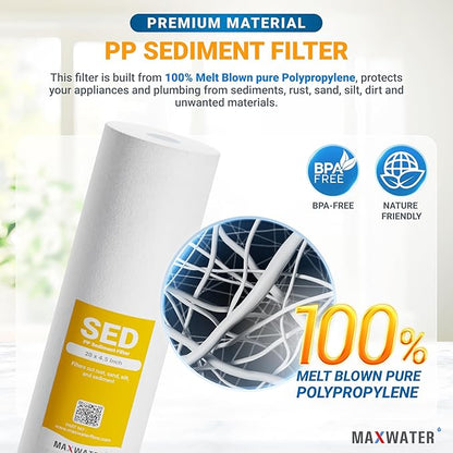 Max Water 5 Micron 20 x 4.5 Sediment Filter 20 inch Whole House BB Water Filteration System Replacement Compatible Cartridge DGD-5005-20, FP25B, AP810-6, FPMB5-20, P5-20, 155358-43, 6 Pack