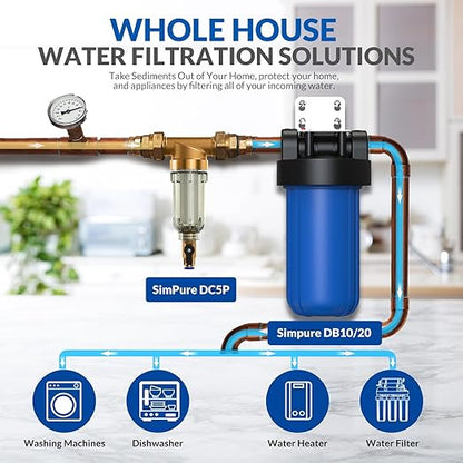 SimPure 40/200 Micron Spin Down Sediment Filter, Reusable Whole House Sediment Water Filter, Pre-Filtration System for City/Well water, 1" MNPT + 3/4" FNPT + 3/4"MNPT, BPA Free