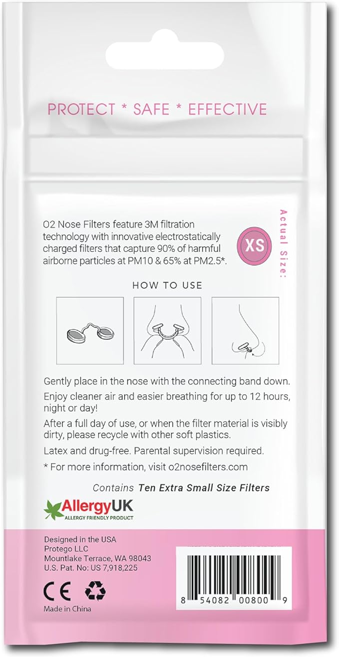 O2 Nose Filters with 3M Filtration - Nasal Screens for Allergies, Dust & Smoke - Drug-Free & Latex-Free Nose Filters - Invisible Allergy Protection (X-Small x 10)