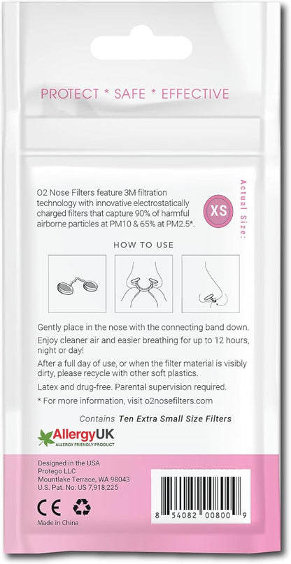 O2 Nose Filters with 3M Filtration - Nasal Screens for Allergies, Dust & Smoke - Drug-Free & Latex-Free Nose Filters - Invisible Allergy Protection (X-Small x 10)