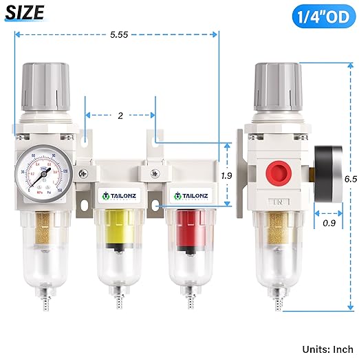 TAILONZ PNEUMATIC 0-150PSI 1/4 Inch NPT Grade 3 Stage Air Drying System, Particulate Filter, Air Filter Pressure Regulator Combo Piggyback, Air Tool Compressor Filter with Gauge (Semi-Auto Drainage）