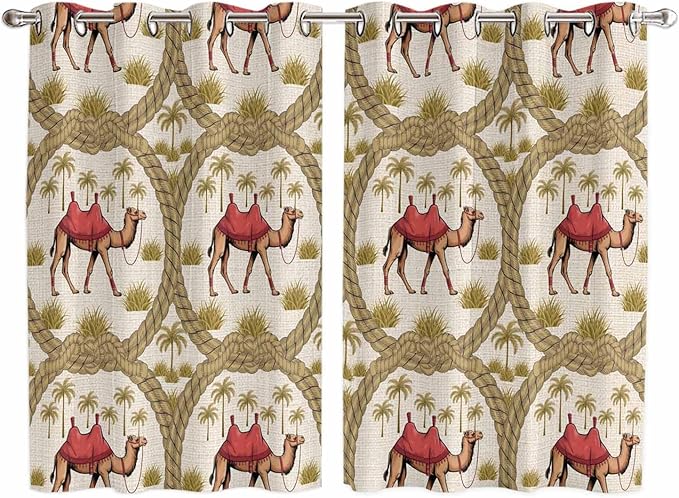 2 Panel Kitchen Cafe Curtains, Camels Palm Trees Sunlight Filtering Nature Air Through, Window Decor Tier Curtains for Living Room 104W x 63L inch Desert Date Coconut Trees Leaves Cords Beige