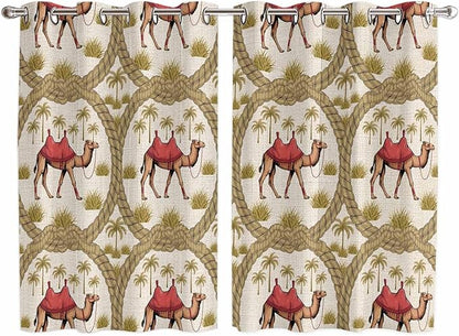 2 Panel Kitchen Cafe Curtains, Camels Palm Trees Sunlight Filtering Nature Air Through, Window Decor Tier Curtains for Living Room 104W x 63L inch Desert Date Coconut Trees Leaves Cords Beige