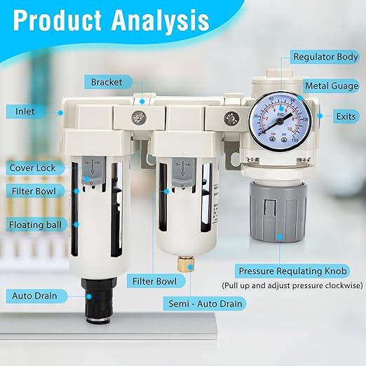 Air Pressure Regulator 3/8 NPT Auto Drain and Semi-Auto Drain Double Air Filters, Air Compressor Water Separator 0-150PSI, Air Drying System, Polycarbonate Bowl