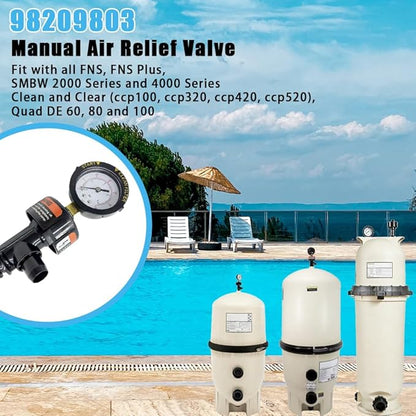 98209803 Release valve assembly with pressure gauge Filter Air Safety Valve Component Compatible with Swimming Pool and Spa Filters