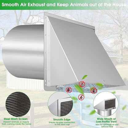 6 Inch Hooded Wall Vent with Screen and Damper,6 Inch Exhaust Vent Cover Cap for Outdoor Kitchen Range Hood Dryer Ventilation,Outside Wall Mount Extractor for House Air Exhaust, Stainless Steel