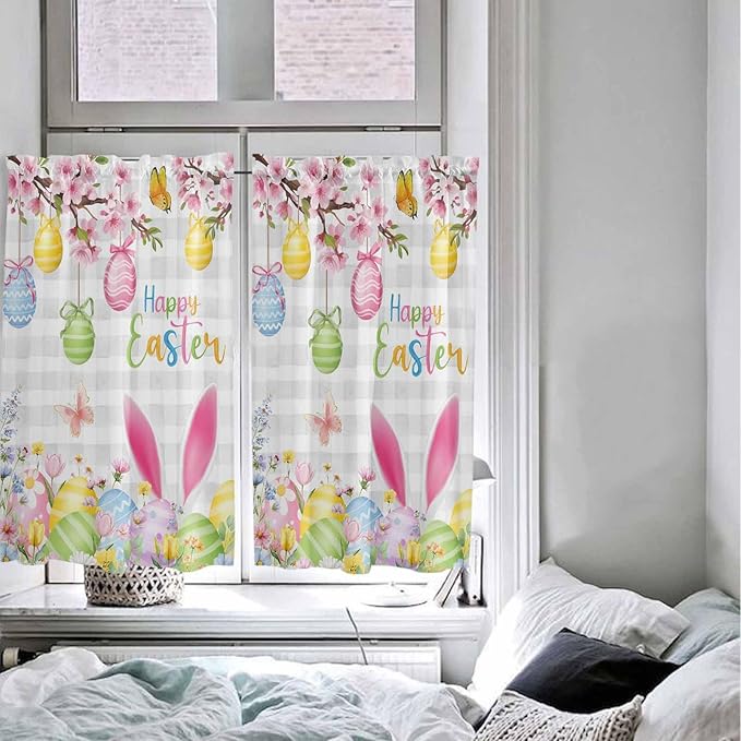 Happy Easter Kitchen Curtains 54 Inches length, Spring Watercolor Bunny Eggs Flower Grey Plaid Window Treatment Curtain Drapes, Decorative Window Curtains for Bedroom Cafe, 52"x54", 2 Panels