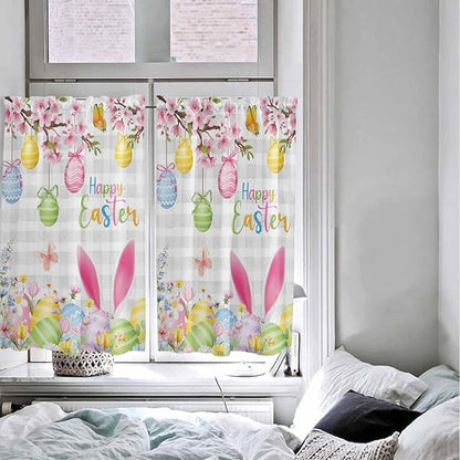 Happy Easter Kitchen Curtains 54 Inches length, Spring Watercolor Bunny Eggs Flower Grey Plaid Window Treatment Curtain Drapes, Decorative Window Curtains for Bedroom Cafe, 52"x54", 2 Panels