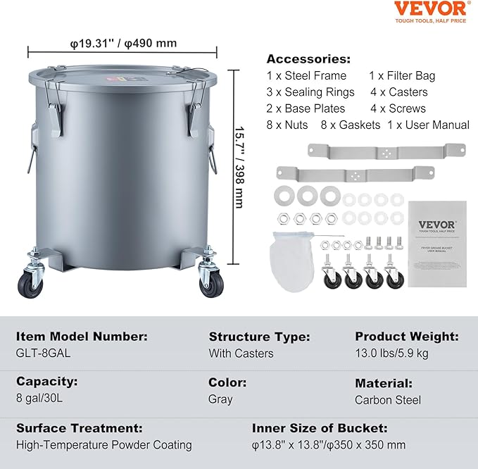 VEVOR Fryer Grease Bucket, 8 Gal Oil Disposal Caddy with Caster Base, Carbon Steel with Rust-Proof Coating, Oil Transport Container with Lid, Lock Clips, Filter Bag for Hot Cooking Oil Filtering