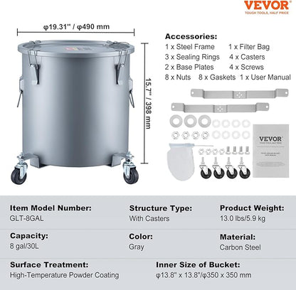 VEVOR Fryer Grease Bucket, 8 Gal Oil Disposal Caddy with Caster Base, Carbon Steel with Rust-Proof Coating, Oil Transport Container with Lid, Lock Clips, Filter Bag for Hot Cooking Oil Filtering