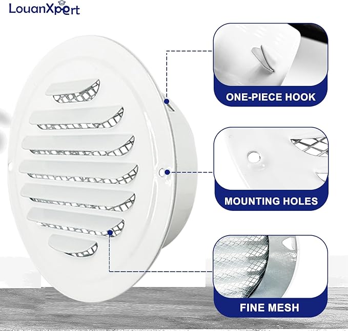 6 Inch White Soffit Vent Covers,LouanXpert Stainless Steel Round Air Vent Covers with Built-in Fine Mesh for Garage, Apartment,Office (150mm - 2PCS)
