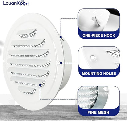 6 Inch White Soffit Vent Covers,LouanXpert Stainless Steel Round Air Vent Covers with Built-in Fine Mesh for Garage, Apartment,Office (150mm - 2PCS)
