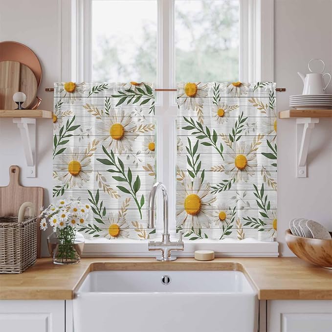 Spring Daisy Kitchen Curtains, Farmhouse Country Flower Leaf Plant Wood Grain Light Filtering Window Curtain Panels, 2Pcs Rod Pocket Window Treatments Set for Study Room Bathroom Bedroom 52x54 Inches