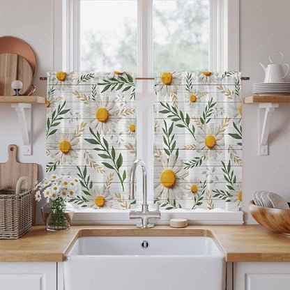 Spring Daisy Tier Curtains, Farmhouse Country Flower Leaf Plant Wood Grain Light Filtering Kitchen Curtains, 2Pcs Rod Pocket Half Window Treatments Panels for Sink Cafe Cabinet Basement 27.5x45 Inches