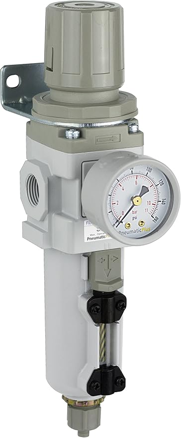 PneumaticPlus SAW300-N03BG-MEP Compressed Air Filter Regulator Piggyback Combo 3/8" NPT - Metal Bowl, Manual Drain, Bracket, Gauge