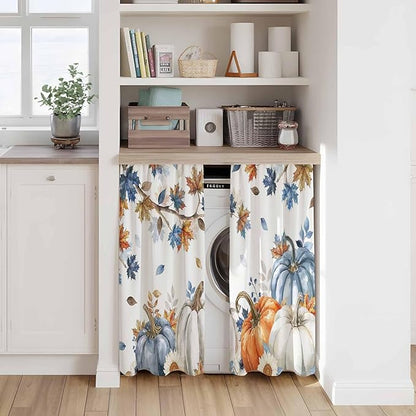 Navy Blue Pumpkin Fall Kitchen Curtains 45 Inch Long 2 Panel Set, Rod Pocket Window Treatment, Thanksgiving Maple Leaves Branches Light Filtering Panels Short Drapes for Bathroom Camper 42"W x 45"L