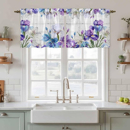 Spring Flowers Tier Curtains, Watercolor Garden Florals Wooden Grain Light Filtering Kitchen Curtains, 2Pcs Rod Pocket Half Window Treatments Panels for Sink Cafe Cabinet Camper 27.5x24 Inches