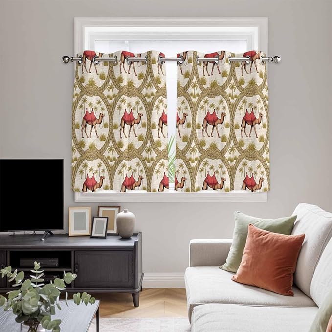 2 Panel Kitchen Cafe Curtains, Camels Palm Trees Sunlight Filtering Nature Air Through, Home Decor Window Covering Tier Curtains for Bedroom Living Room Desert Date Coconut Trees Leaves Cords Beige