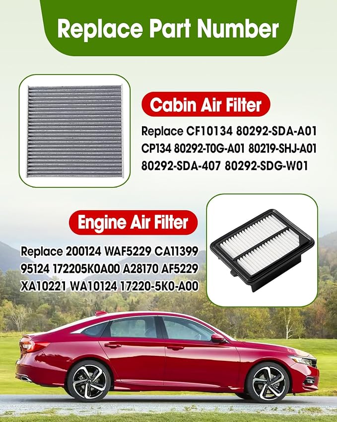 Cabin Air Filter Replace CF10134 & Engine Air Filter Replace CA11399 Compatible with Honda Accord L4 2.0L Hybrid 2014-2015 2017-2022