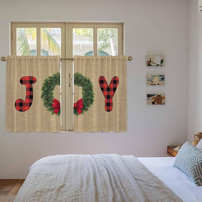 Red Green Christmas Kitchen Tier Curtains 45 Inch Long 2 Panel Set,Rod Pocket Short Window Treatment,Xmas Botanical Winter Farmhouse Curtains & Drapes for Bathroom Basement 27.5"W x 45"L