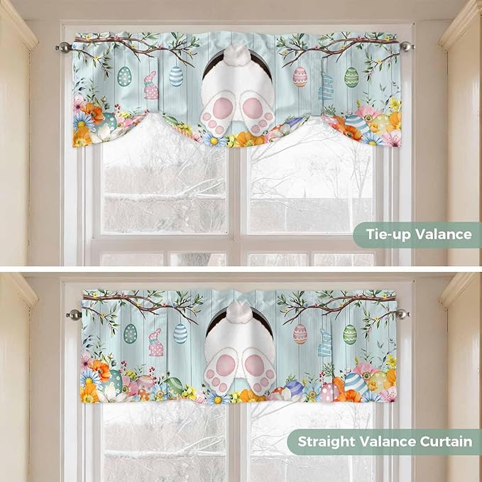 Easter Bunny Tie Up Valance Curtains for Windows, Kitchen Curtains Window Shades, Easter Eggs Spring Farmhouse Wood Grain Teal Blue Light Filtering Curtain Valances for Bedroom/Bathroom/Cafe 42"x12"